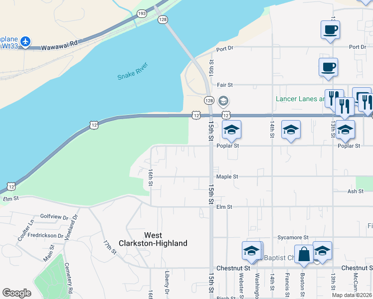 map of restaurants, bars, coffee shops, grocery stores, and more near 1527 Poplar Street in Clarkston
