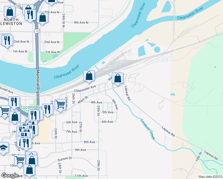 map of restaurants, bars, coffee shops, grocery stores, and more near 3008 Main St in Lewiston