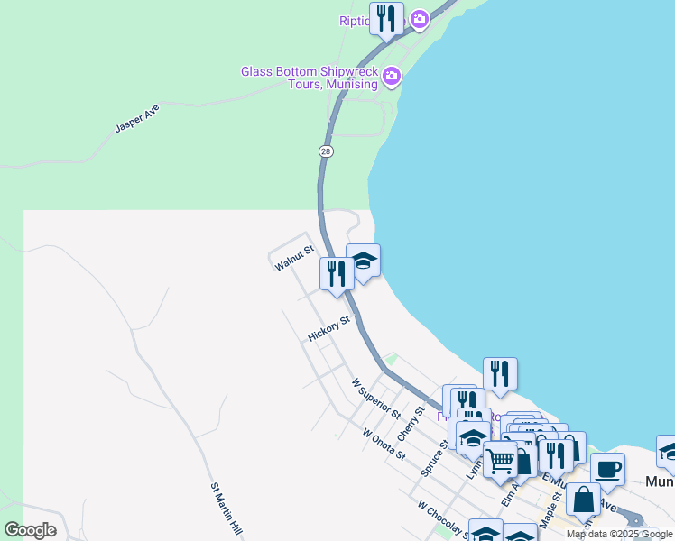 map of restaurants, bars, coffee shops, grocery stores, and more near 917 West Munising Avenue in Munising