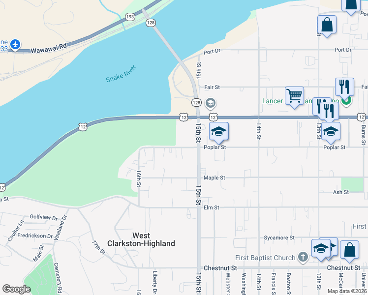 map of restaurants, bars, coffee shops, grocery stores, and more near 1527 Poplar Street in Clarkston