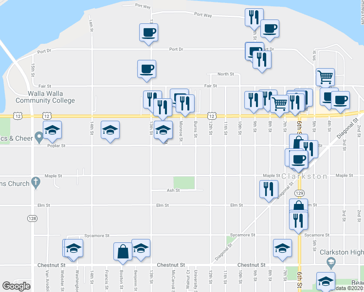 map of restaurants, bars, coffee shops, grocery stores, and more near 1253 Poplar Street in Clarkston