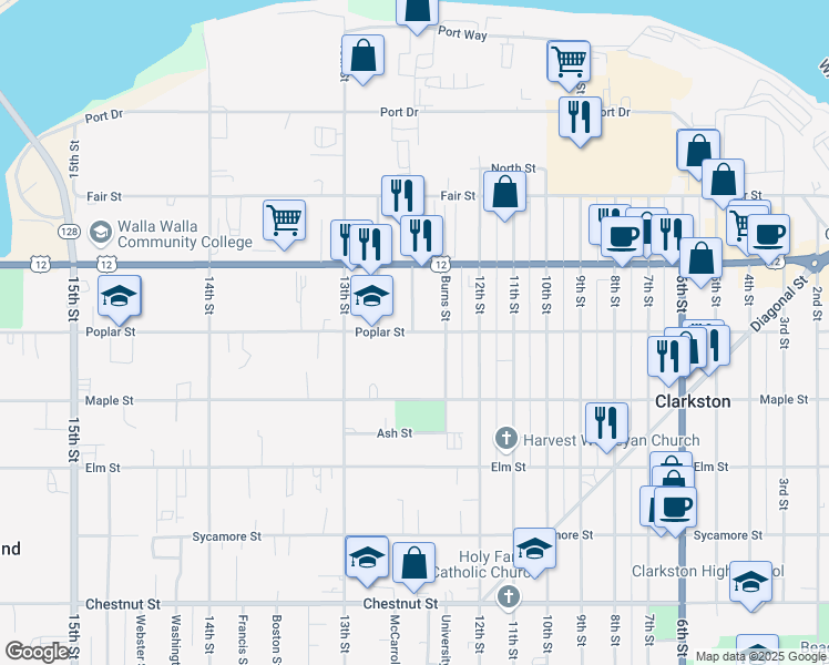 map of restaurants, bars, coffee shops, grocery stores, and more near 1253 Poplar Street in Clarkston