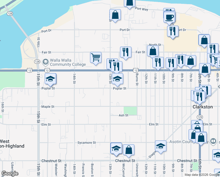 map of restaurants, bars, coffee shops, grocery stores, and more near 615 13th Street in Clarkston