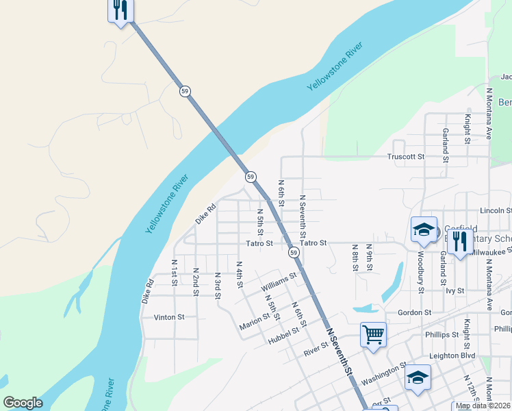 map of restaurants, bars, coffee shops, grocery stores, and more near State Highway 59 in Miles City