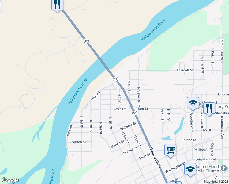 map of restaurants, bars, coffee shops, grocery stores, and more near State Highway 59 in Miles City