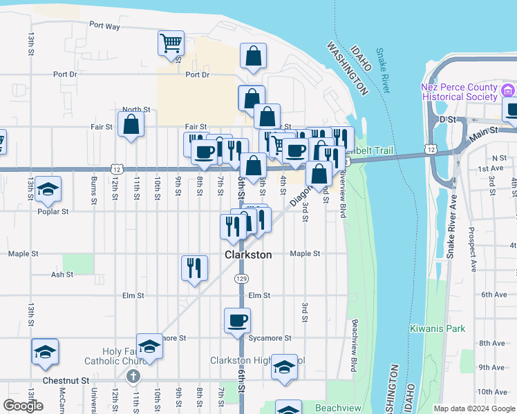 map of restaurants, bars, coffee shops, grocery stores, and more near 523 6th Street in Clarkston