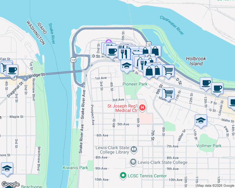 map of restaurants, bars, coffee shops, grocery stores, and more near 220 Glassway Street in Lewiston