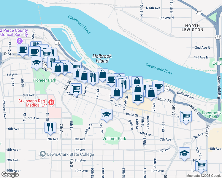 map of restaurants, bars, coffee shops, grocery stores, and more near Main Street & 13th Street in Lewiston