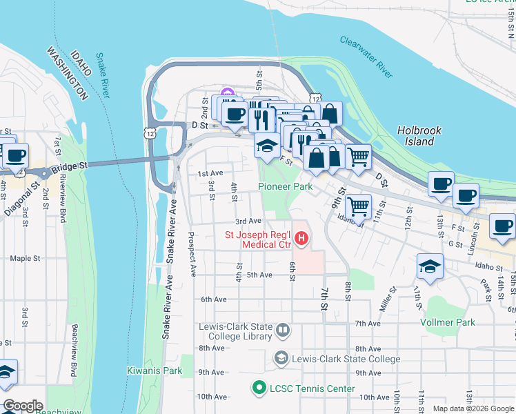 map of restaurants, bars, coffee shops, grocery stores, and more near 218 5th Street in Lewiston