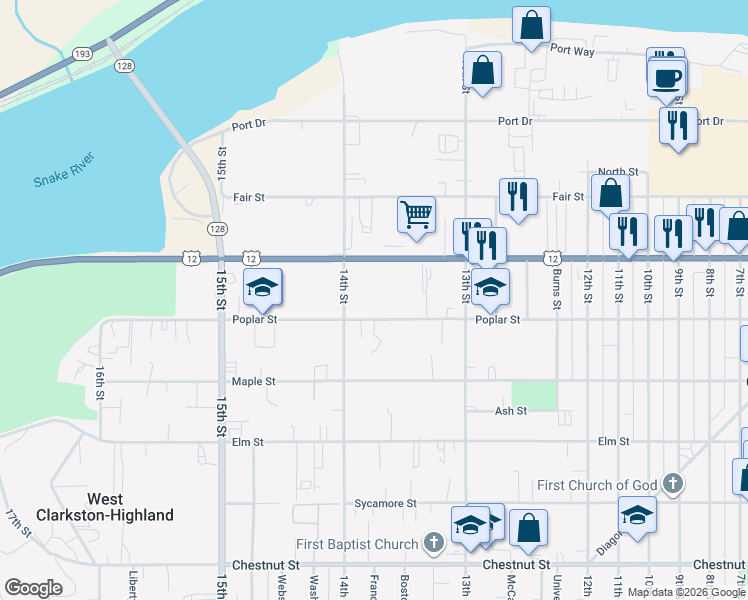 map of restaurants, bars, coffee shops, grocery stores, and more near 533-599 14th Street in Clarkston