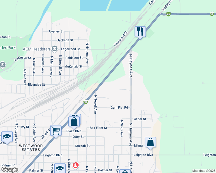 map of restaurants, bars, coffee shops, grocery stores, and more near 2700 Valley Drive East in Miles City