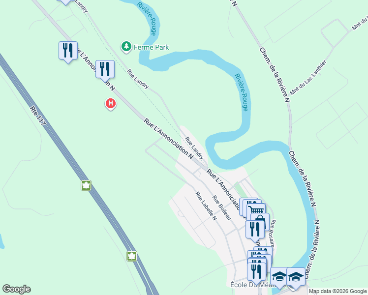 map of restaurants, bars, coffee shops, grocery stores, and more near 1256 Rue L'Annonciation Nord in Rivière-Rouge