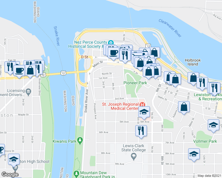 map of restaurants, bars, coffee shops, grocery stores, and more near 204 4th Street in Lewiston