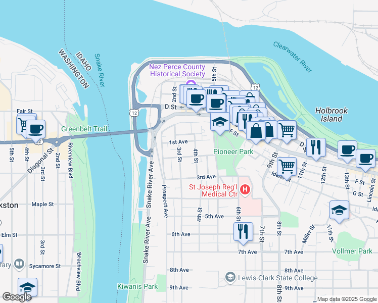 map of restaurants, bars, coffee shops, grocery stores, and more near 204 4th Street in Lewiston
