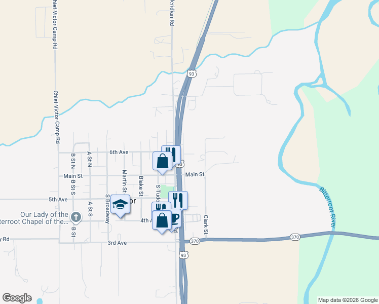 map of restaurants, bars, coffee shops, grocery stores, and more near 2420 U.S. 93 in Victor