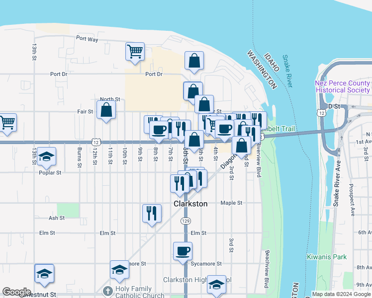 map of restaurants, bars, coffee shops, grocery stores, and more near 523 6th Street in Clarkston