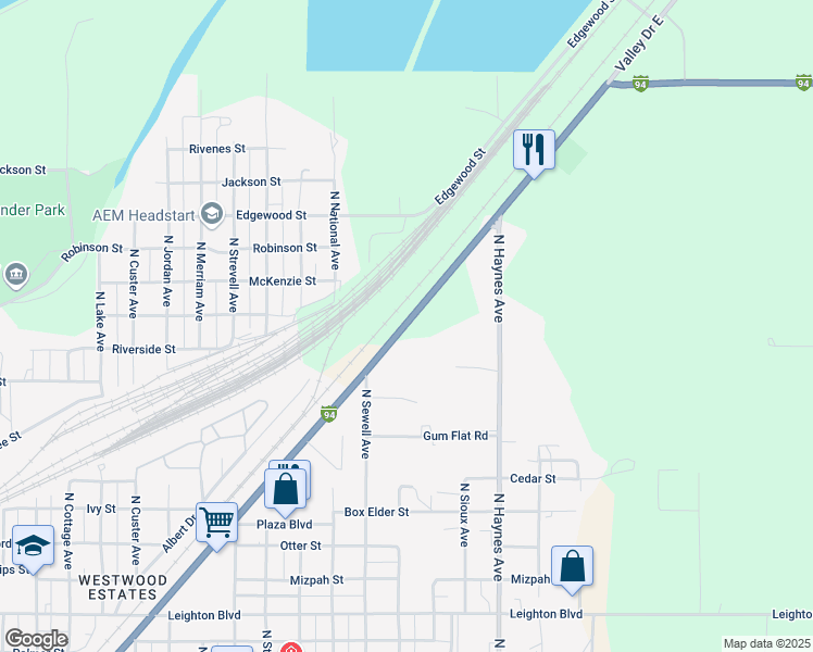 map of restaurants, bars, coffee shops, grocery stores, and more near 2700 Valley Drive East in Miles City
