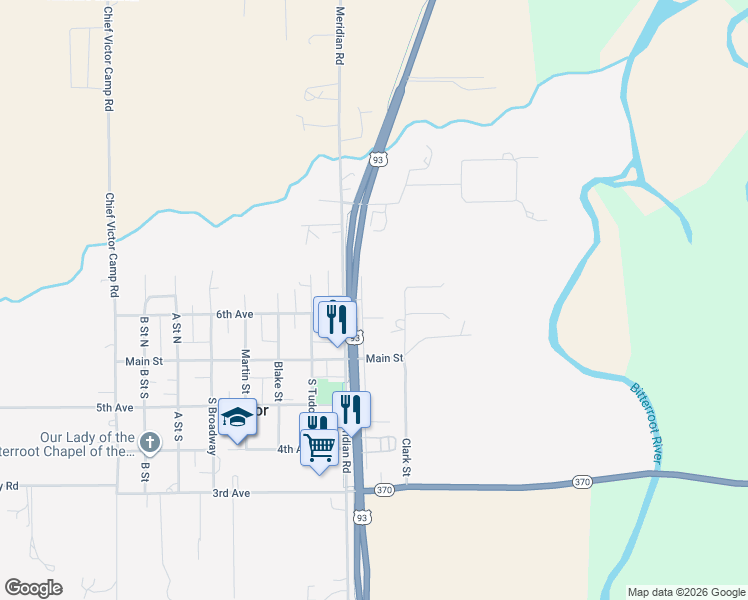 map of restaurants, bars, coffee shops, grocery stores, and more near 2420 U.S. 93 in Victor