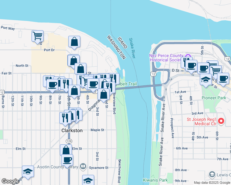 map of restaurants, bars, coffee shops, grocery stores, and more near 115 Bridge Street in Clarkston