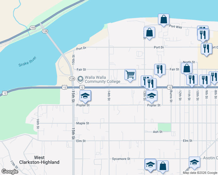 map of restaurants, bars, coffee shops, grocery stores, and more near 533 14th Street in Clarkston