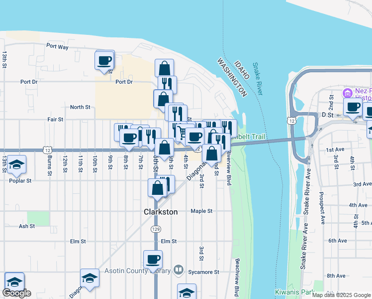 map of restaurants, bars, coffee shops, grocery stores, and more near 504 4th Street in Clarkston