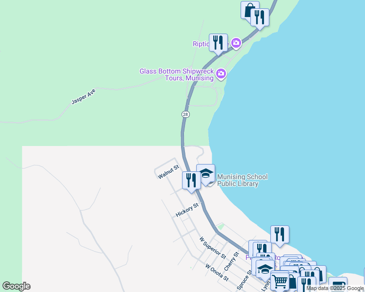 map of restaurants, bars, coffee shops, grocery stores, and more near 959 West Munising Avenue in Munising