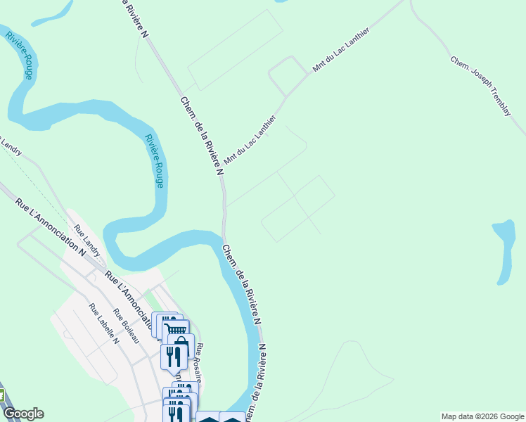 map of restaurants, bars, coffee shops, grocery stores, and more near Rue des Merles in Rivière-Rouge