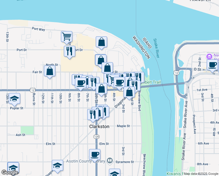 map of restaurants, bars, coffee shops, grocery stores, and more near 450 Bridge Street in Clarkston