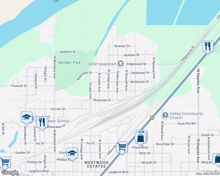 map of restaurants, bars, coffee shops, grocery stores, and more near 1412 North Jordan Avenue in Miles City
