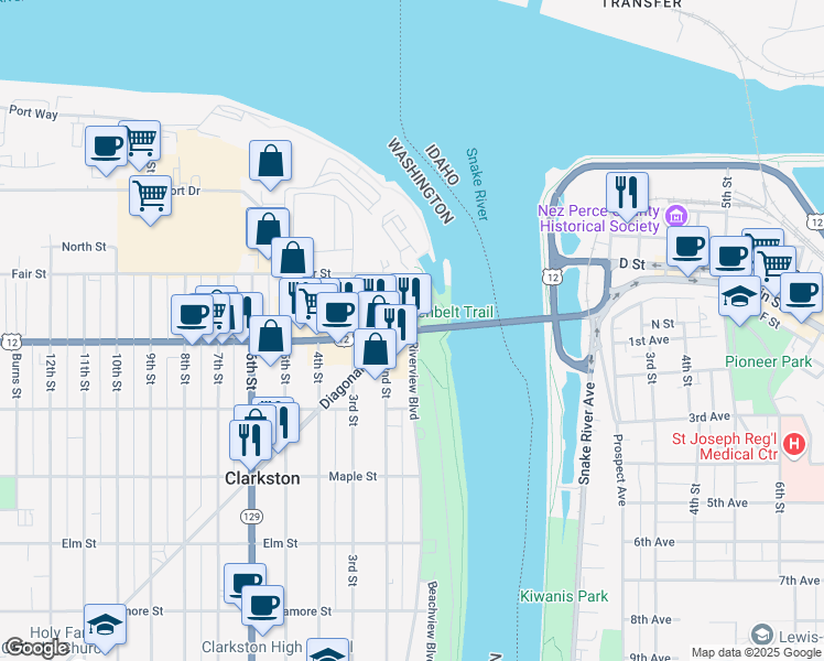 map of restaurants, bars, coffee shops, grocery stores, and more near 115 Bridge St in Clarkston