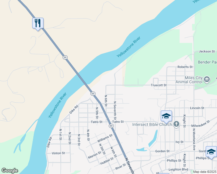 map of restaurants, bars, coffee shops, grocery stores, and more near 606 North 6th Street in Miles City