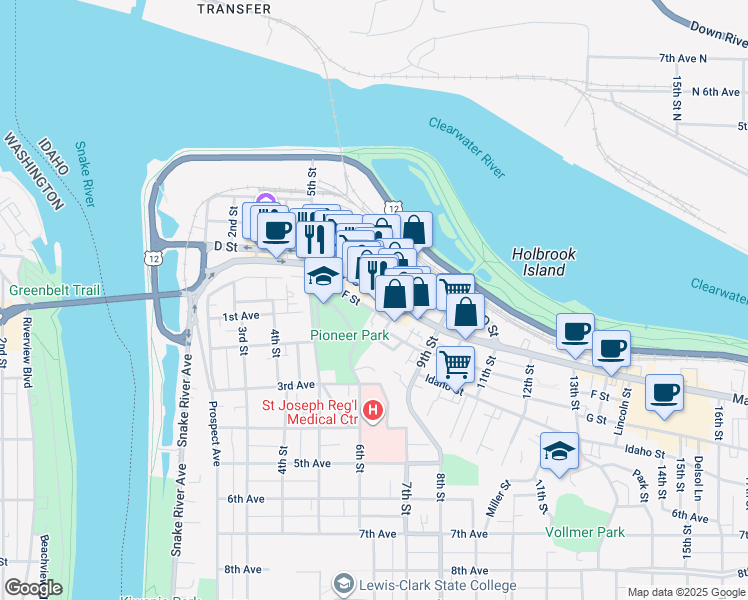 map of restaurants, bars, coffee shops, grocery stores, and more near 800-818 U.S. 12 Scenic in Lewiston