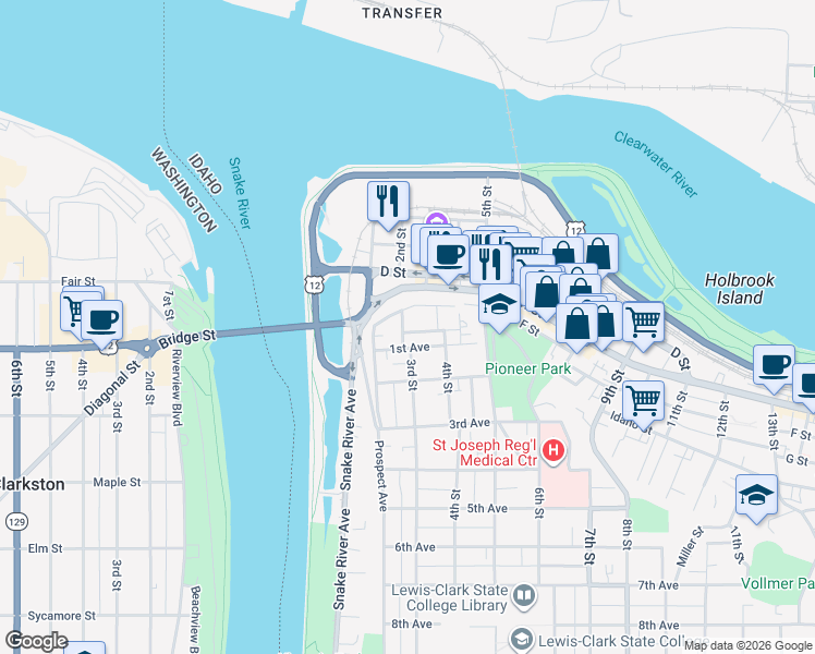 map of restaurants, bars, coffee shops, grocery stores, and more near 11 3rd Street in Lewiston