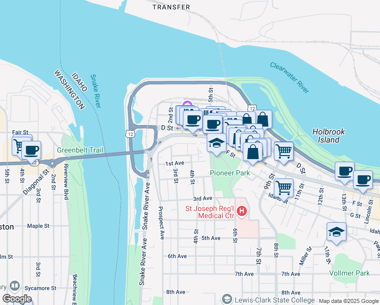 map of restaurants, bars, coffee shops, grocery stores, and more near 405 North Street in Lewiston
