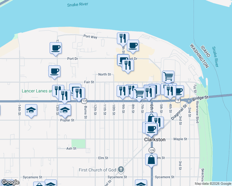 map of restaurants, bars, coffee shops, grocery stores, and more near 436 10th Street in Clarkston
