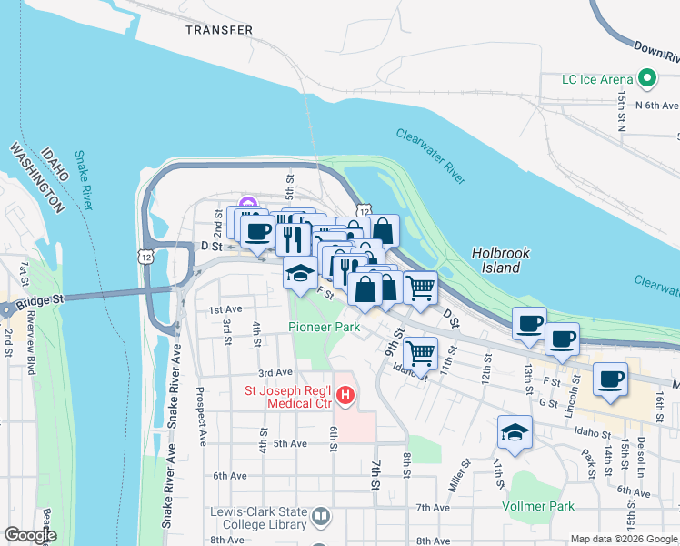 map of restaurants, bars, coffee shops, grocery stores, and more near 633 Main Street in Lewiston