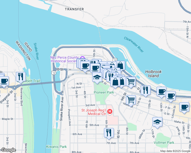 map of restaurants, bars, coffee shops, grocery stores, and more near 504 Main Street in Lewiston