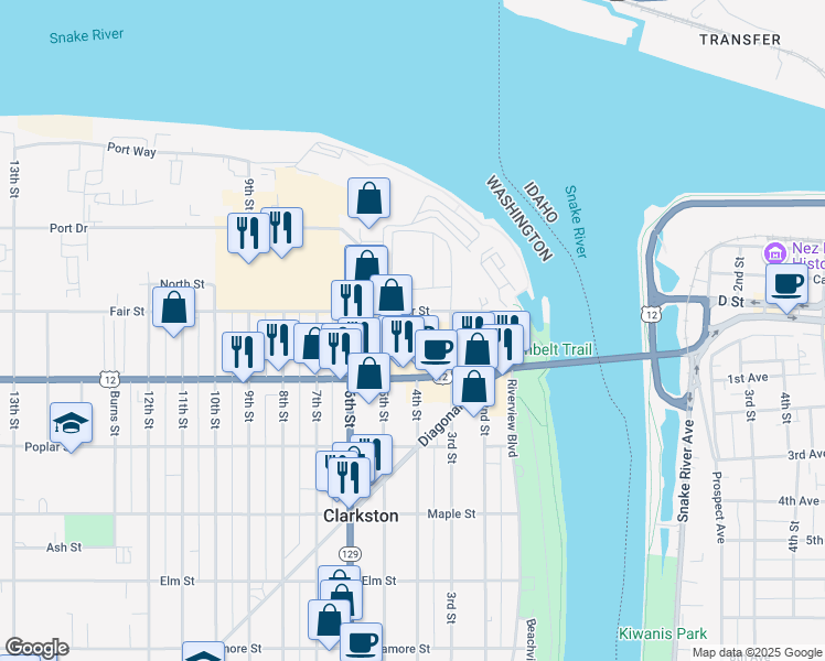 map of restaurants, bars, coffee shops, grocery stores, and more near 450 Bridge St in Clarkston