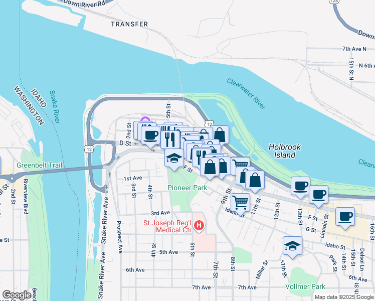 map of restaurants, bars, coffee shops, grocery stores, and more near D Street in Lewiston