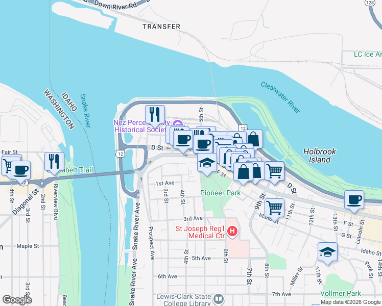 map of restaurants, bars, coffee shops, grocery stores, and more near 313 D Street in Lewiston