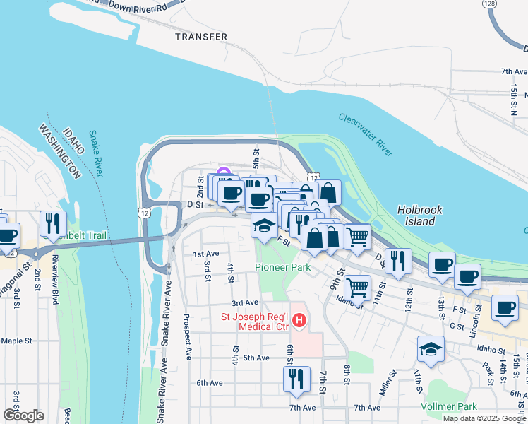 map of restaurants, bars, coffee shops, grocery stores, and more near 513 Main Street in Lewiston