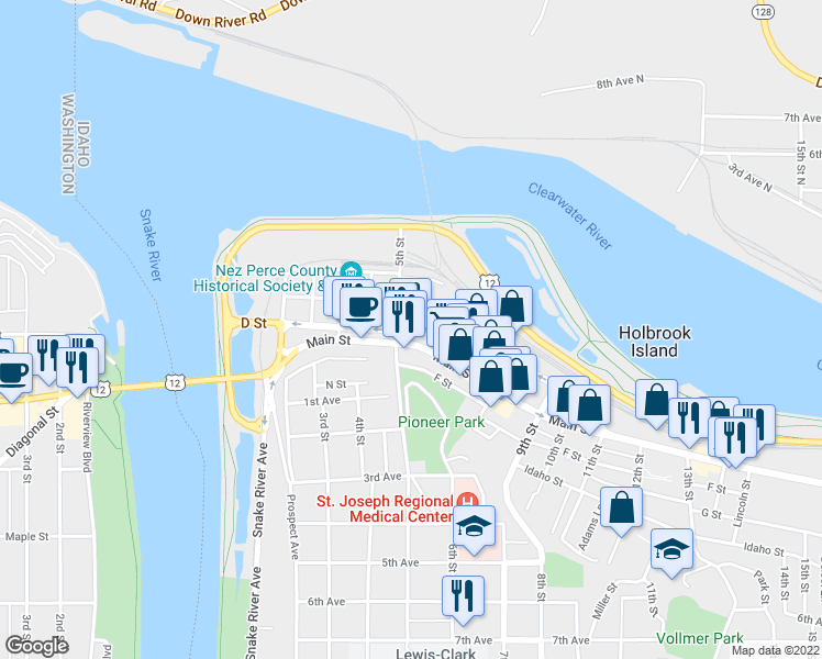 map of restaurants, bars, coffee shops, grocery stores, and more near 512 D Street in Lewiston