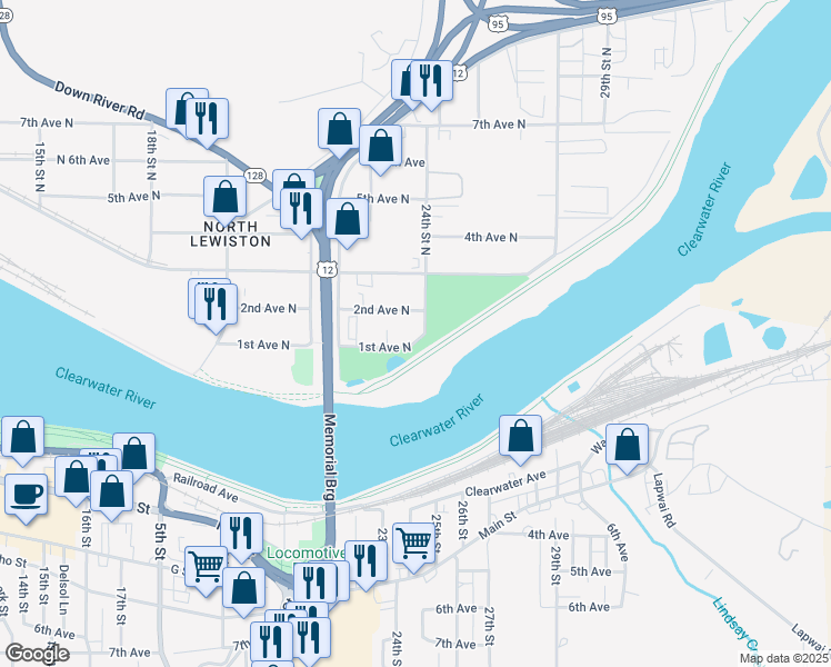 map of restaurants, bars, coffee shops, grocery stores, and more near 2337 1st Avenue North in Lewiston