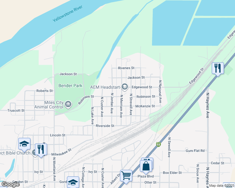 map of restaurants, bars, coffee shops, grocery stores, and more near 1618 North Jordan Avenue in Miles City
