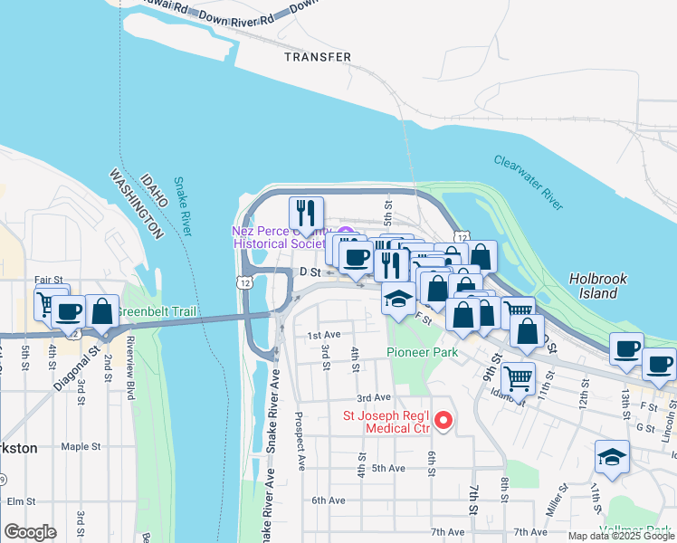 map of restaurants, bars, coffee shops, grocery stores, and more near -207 3rd Street in Lewiston