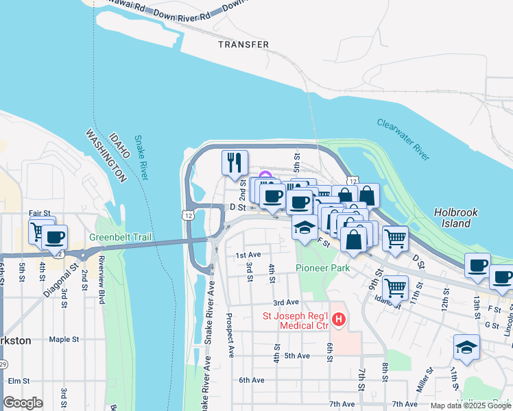 map of restaurants, bars, coffee shops, grocery stores, and more near 315 D Street in Lewiston