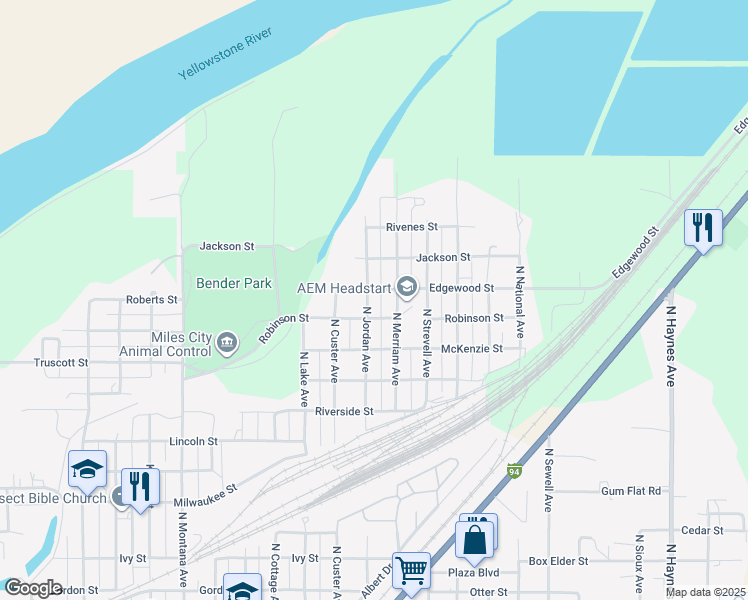 map of restaurants, bars, coffee shops, grocery stores, and more near 1618 North Jordan Avenue in Miles City