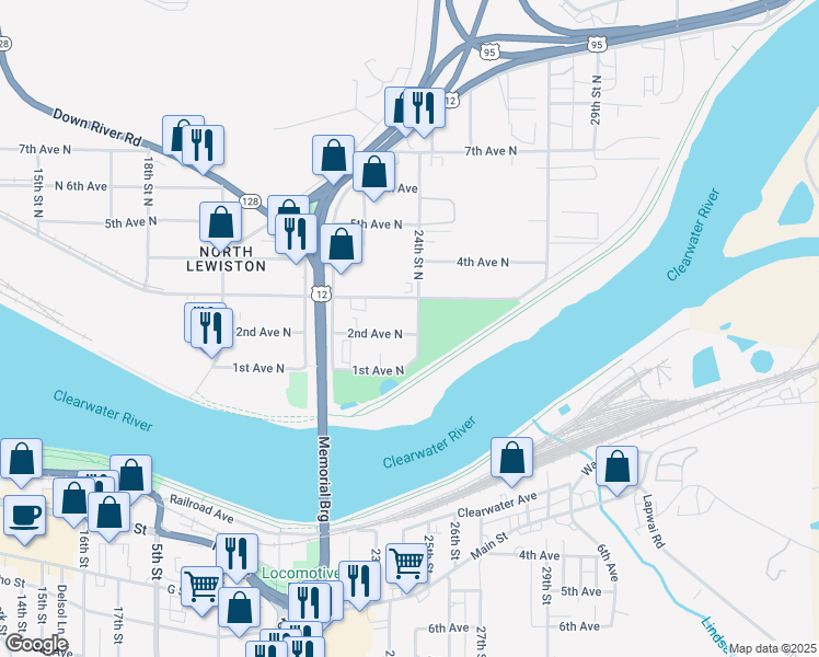 map of restaurants, bars, coffee shops, grocery stores, and more near 2337 1st Avenue North in Lewiston