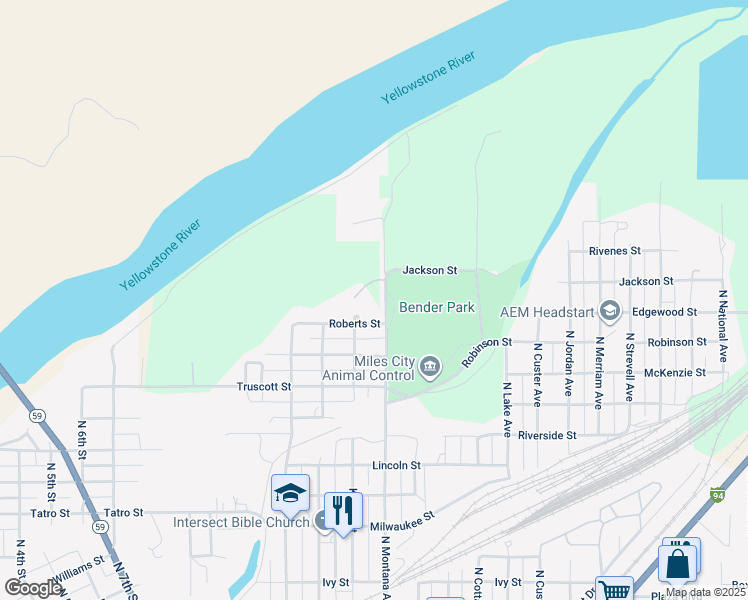 map of restaurants, bars, coffee shops, grocery stores, and more near 1403 Jackson Street in Miles City