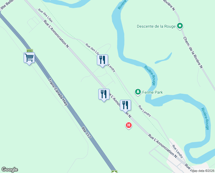 map of restaurants, bars, coffee shops, grocery stores, and more near 1718 Rue L'Annonciation Nord in Rivière-Rouge